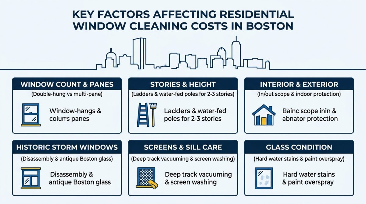 Infographic explaining key factors affecting residential window cleaning costs in Boston MA